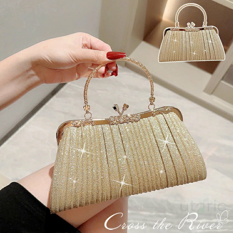 パーティーバッグ ハンドバッグ 2way キラキラ ゴールド サテン プリーツ 横型 結婚式バッグ ドレス スマホショルダー バッグ ショルダーバッグ レディース パーティー フェミニン 演奏会 結婚式 謝恩会 披露宴 発表会 二次会 お呼ばれ 同窓会 成人式 ウェディング