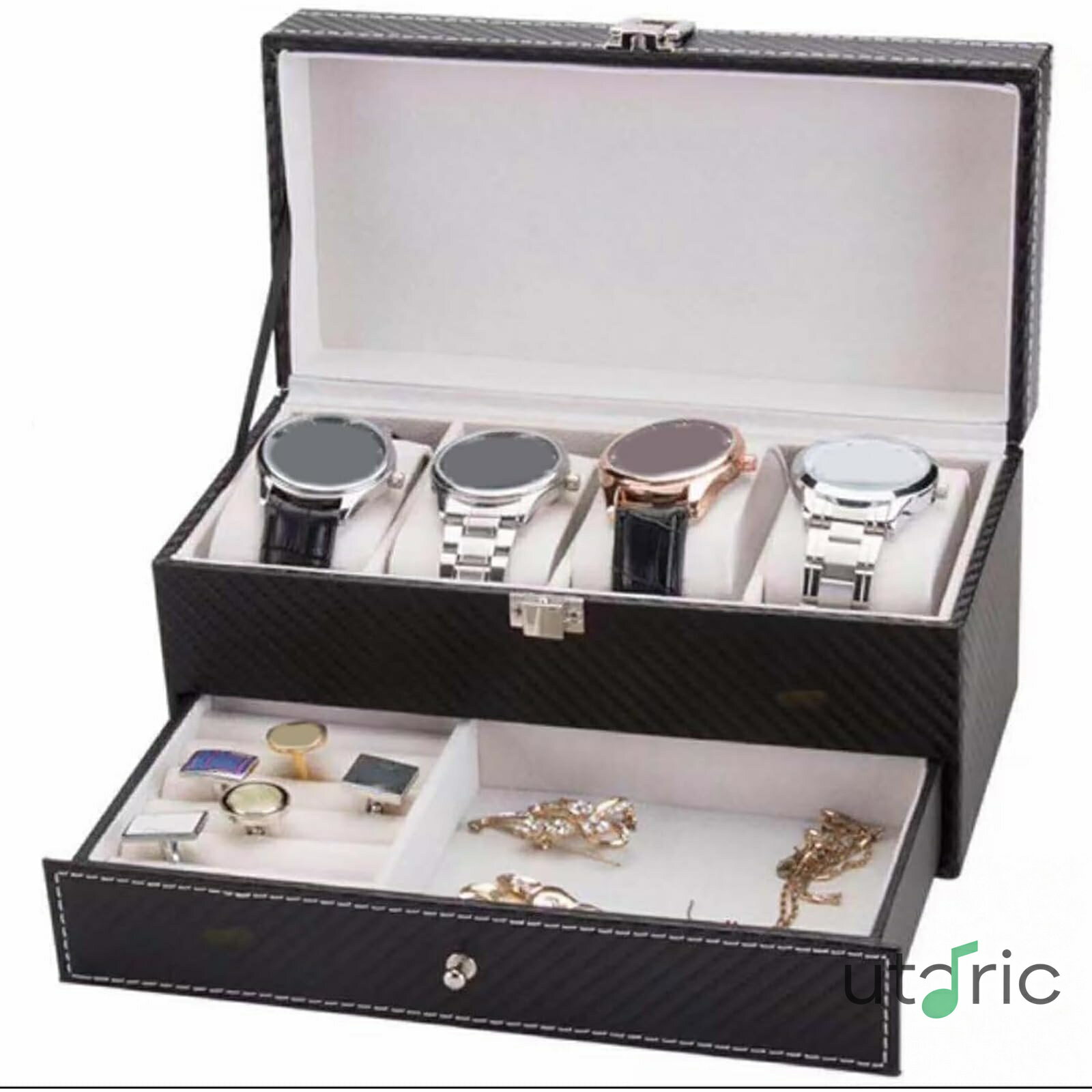 大容量腕時計収納ボックス - ジュエリーコンテナ兼用 クイック分類設計 - リング・ブレスレット・メガネ収納に対応 (グレー)