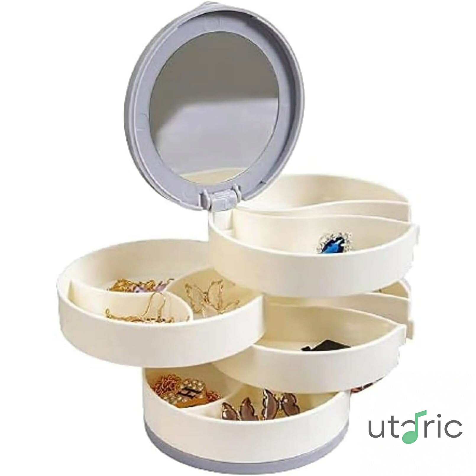 Rakuten - ジュエリーボックス 蓋付き ポータブル ジュエリーオーガナイザー シンプル 4段 ジュエリーボックス アクセサリーオーガナイザー ジュエリートレイ ネックレス ブレスレット ピアス 時計 ヘアアクセサリー 指輪 ヘアアクセサリー イヤリング 多機能 360°回転