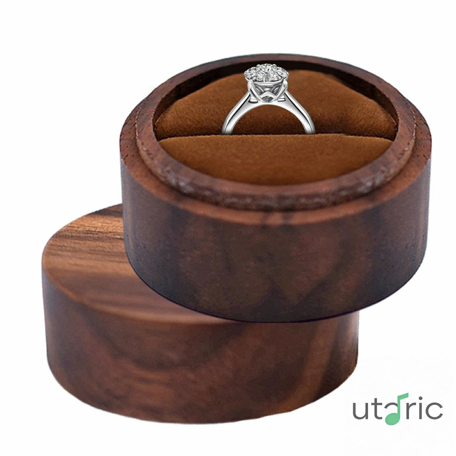 木製結婚指輪ボックス、木製婚約指輪ボックス | リングボックスラウンドウォールナットジュエリーリングボックス ポータブルジュエリーリングボックス、プロポーズ結婚式用手作りジュエリーケース