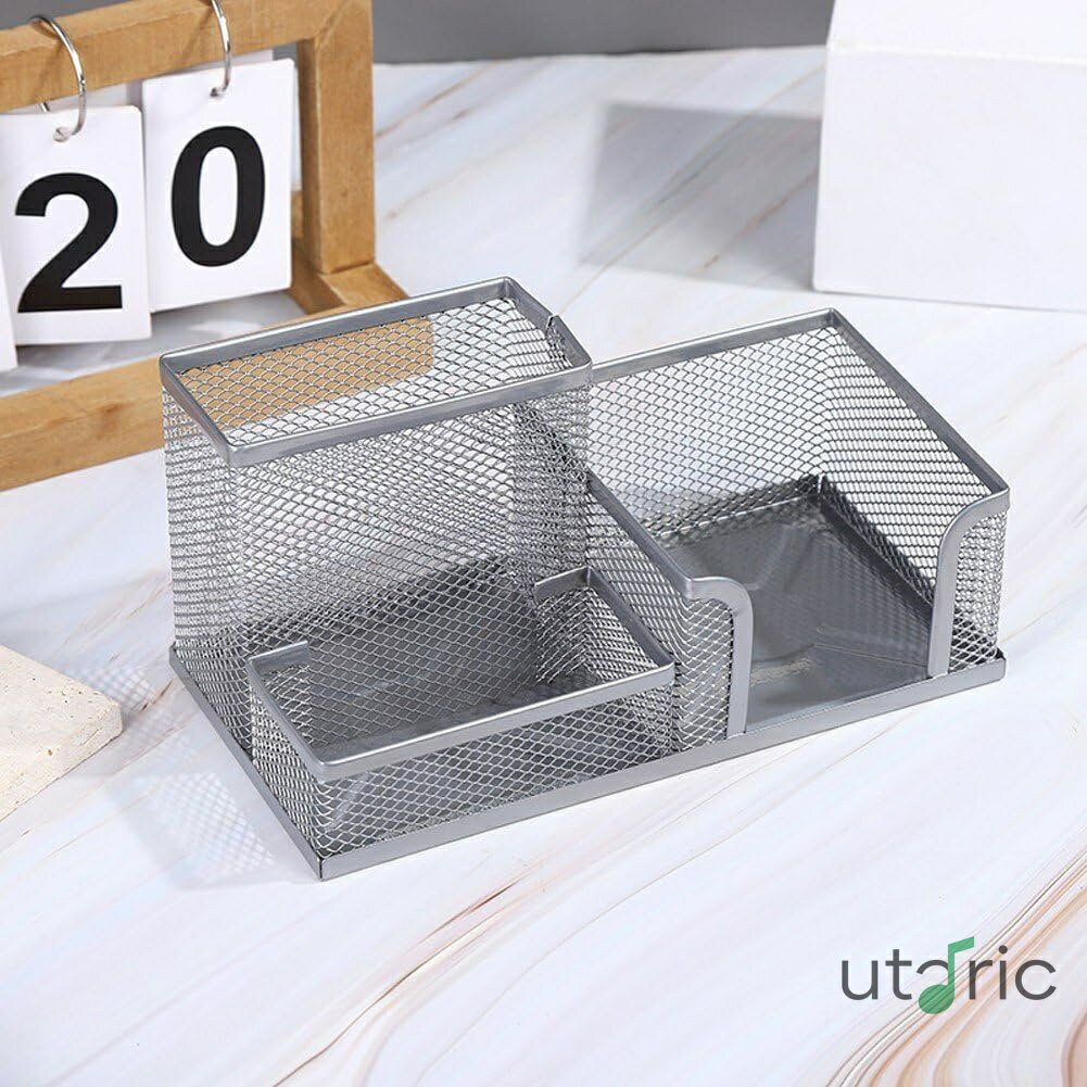 Rakuten - ペン立て メッシュ 鉛筆ホルダー 3コンパートメント付き 収納ボックス ペンホルダー デスクオーガナイザー デスクトップ アクセサリー用 事務用品 シルバー