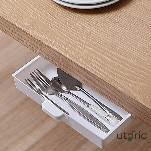 Rakuten - 取り付け式引き出し デスク下 机下 天板下 収納ボックス 引き出し式ミニ トレイ 小物入れ 収納 引き出し隠し 便利グッズ トレー 在宅勤務 スマホ リモコン ペン はさみ 文房具 カトラリー 小物整理 (グレー)