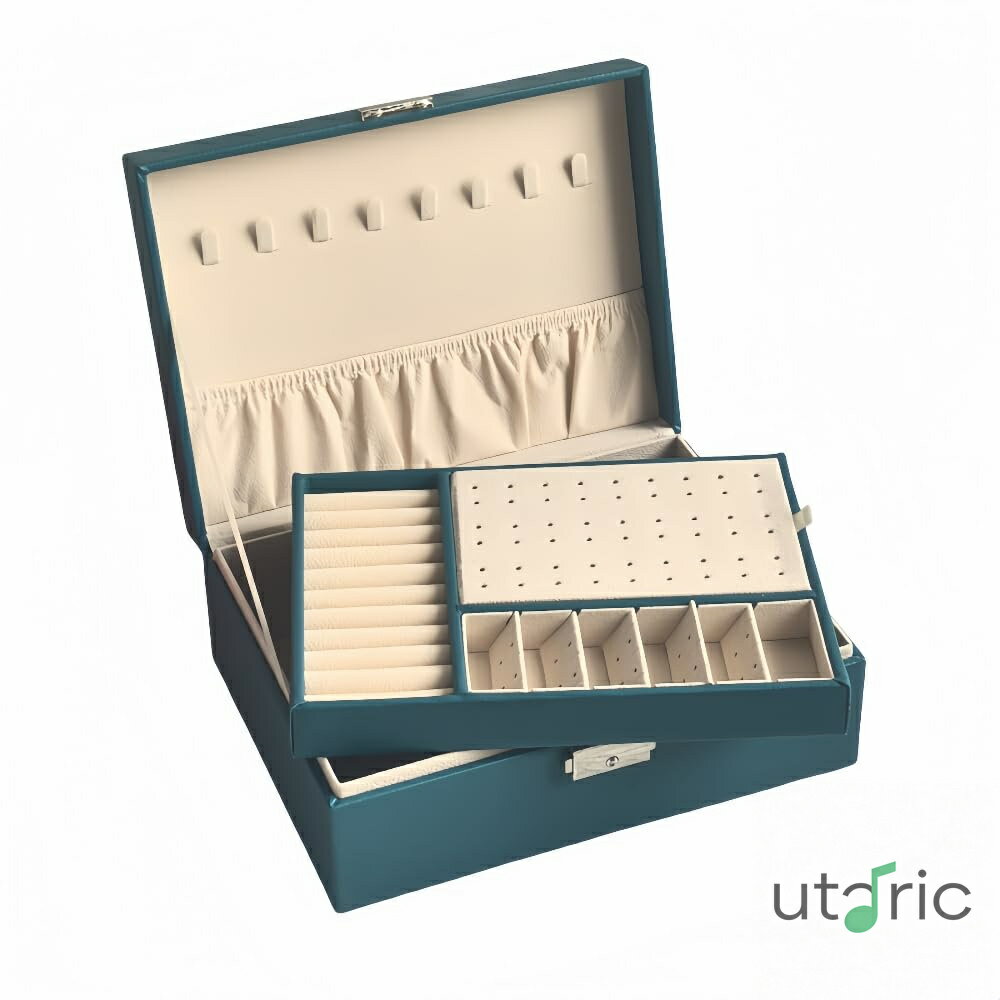 Rakuten - 多段 ジュエリー 収納 ボックス 高級 レザー 風 アクセサリー 整理 コンパクト ギフト 用 軽量 ミラー 付き (ブラック)