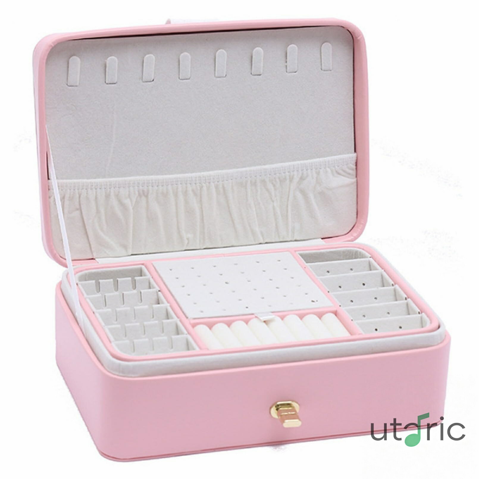 Rakuten - 抗菌内張り 韓国風ジュエリーボックス 多段仕切り 旅行対応 高級合成皮革製 コンパクト設計 リング/ピアス収納 おしゃれ 防酸化ケース 透明窓付き プレミアム感 自宅/旅行両用 収納ケース 日本製金具 省スペース シンプル収納