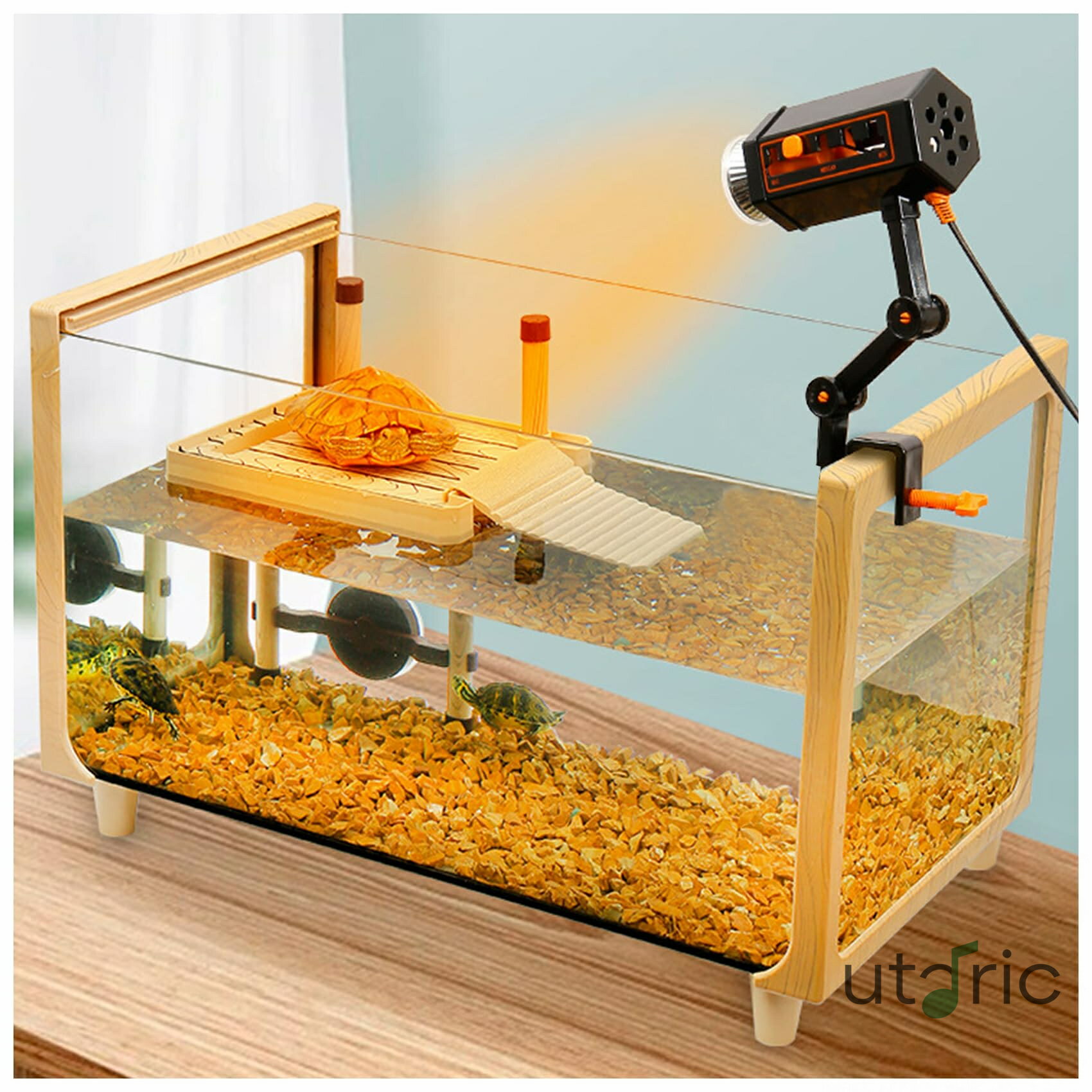 亀 水槽 大きい ガラス ボックス カメの水槽 排水管付き 日向ぼっこ台 タートルタンク 爬虫類 両生類 ..