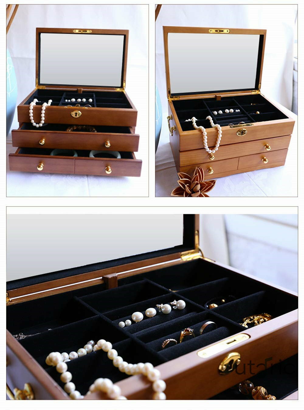 木製ジュエリーボックス収納ボックス 3層 引き出しとミラー付き レトロ 多層 大容量 イヤリング リング ネックレス 収納 誕生日プレゼント ガールフレンドへ