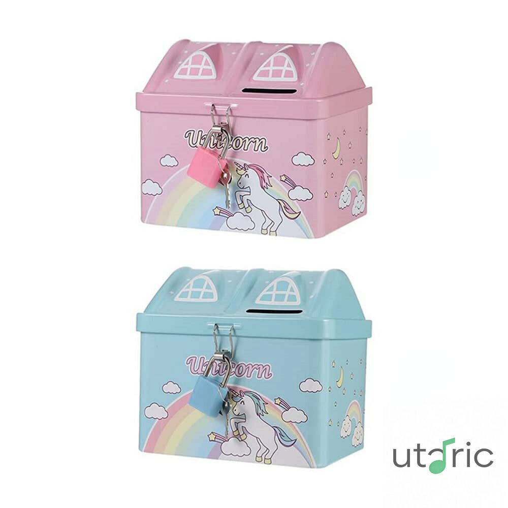 貯金箱 かわいい 子供 2個 ユニコーン ハウス 鍵付き セービングポット コインコンテナ ラブリーマネーポット 12*10cmの商品画像 2