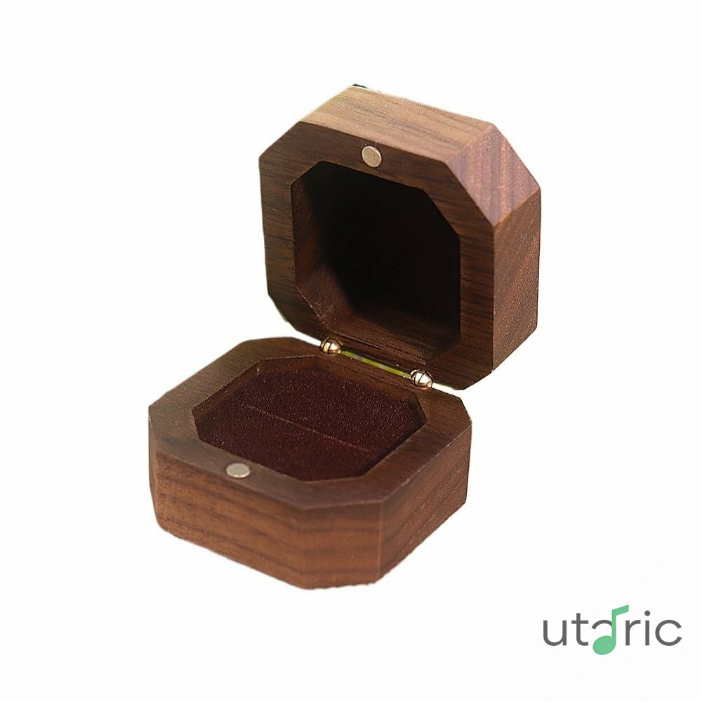 指輪ケース ジュエリー、リング、ペアリング、婚約、収納ボックス、アメリカンウォールナット天然木、ポータブル、スクエア、コンパクト、4.8cm、ベルベット裏地、傷防止、ギフト、結婚記念日、カップル、日常使い (ブラック)(3.0)