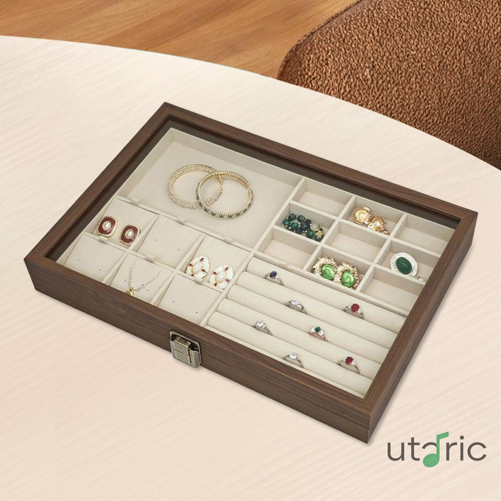 Rakuten - ジュエリーボックスディスプレイ、仕切り付き、フリップクリアオープン蓋付き、広々とした収納ケース、ネックレス、ガールフレンド用ジュエリーオーガナイザー ベージュホワイトライナー