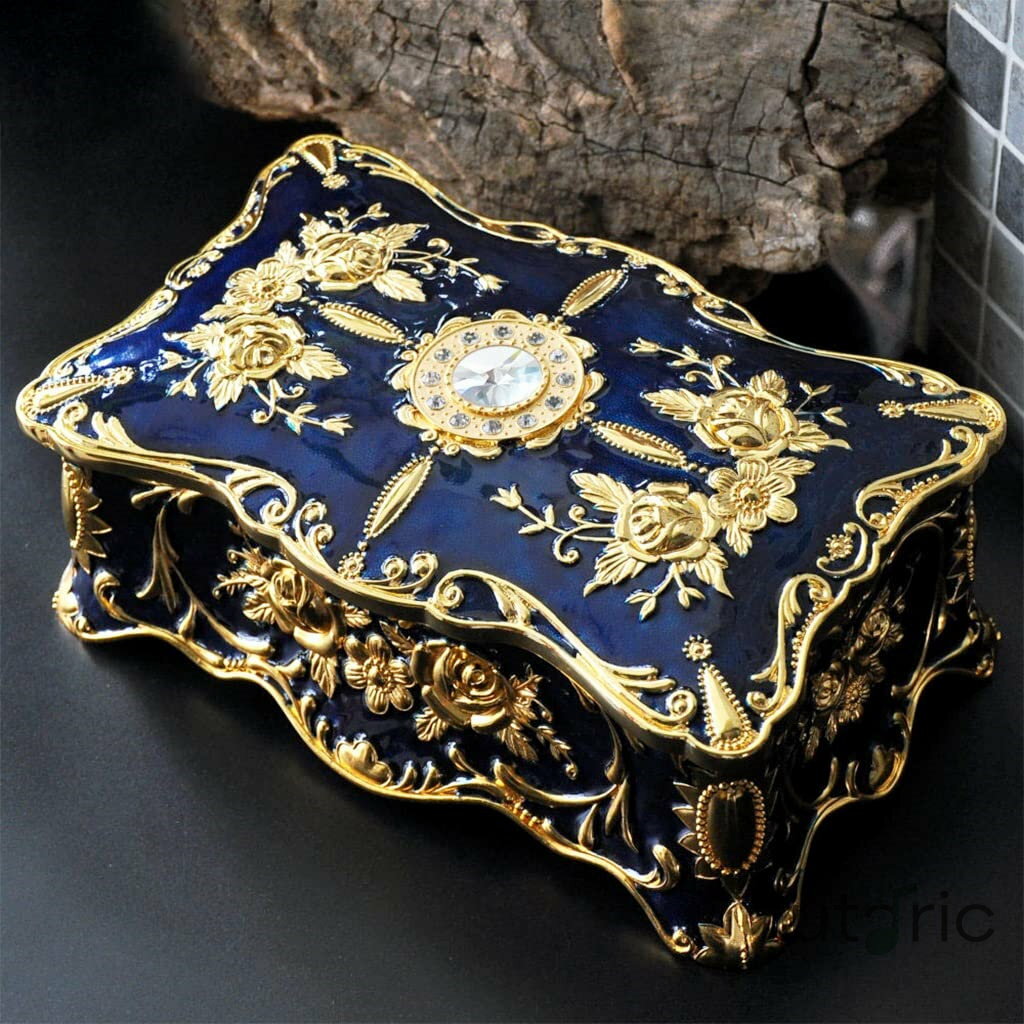 Rakuten - ジュエリーボックス収納オーガナイザーケース、ヨーロピアンスタイルヴィンテージジュエリーケースレリーフパターンディスプレイボックス、リング、ネックレス、イヤリング用(シルバー 26x15.3x9cm)