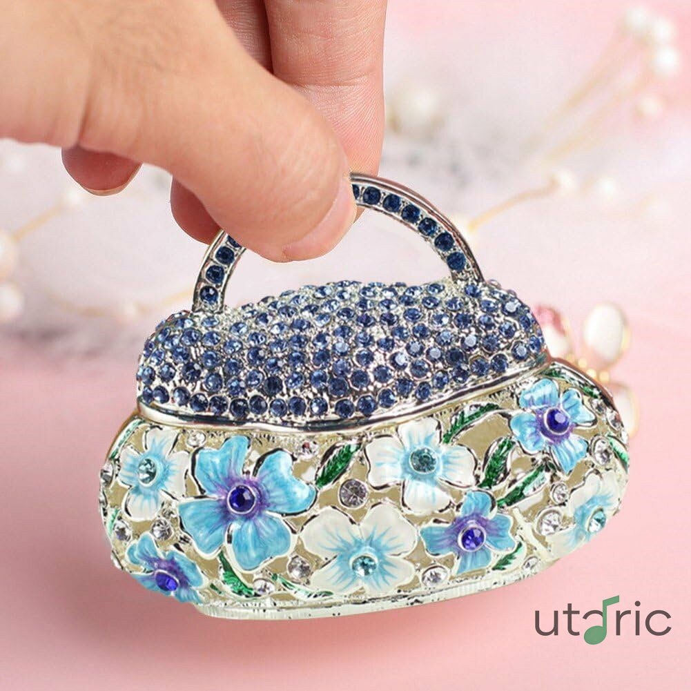 乐天商城 - 花バスケットの形 ジュエリーボックス ヴィンテージ メタル 小物ボックス ジュエリー収納 エナメル ジュエリーオーガナイザー レトロ リング イヤリング ネックレス用 青