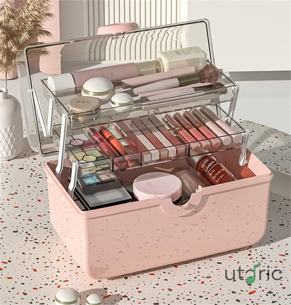 乐天商城 - 大容量化粧品収納ボックスネットレッドプラスチック埃除け透明デスクトップポータブル薬品収納ボックス (ホワイト XL)