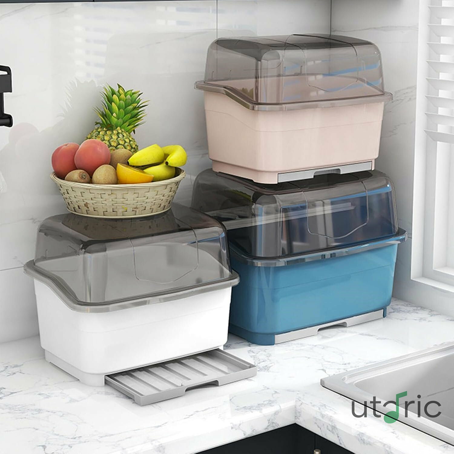 水切りバスケット 水切りラック 食器棚 防塵 防汚 キッチン収納 物干しボックス カトラリー大容量 2段 ドレンラック 透明蓋付き 収納ボックス 置き場 箸かご カップ乾燥ラック 家庭用 業務用 (ピンク 38*30.5*28.5cm)(3)