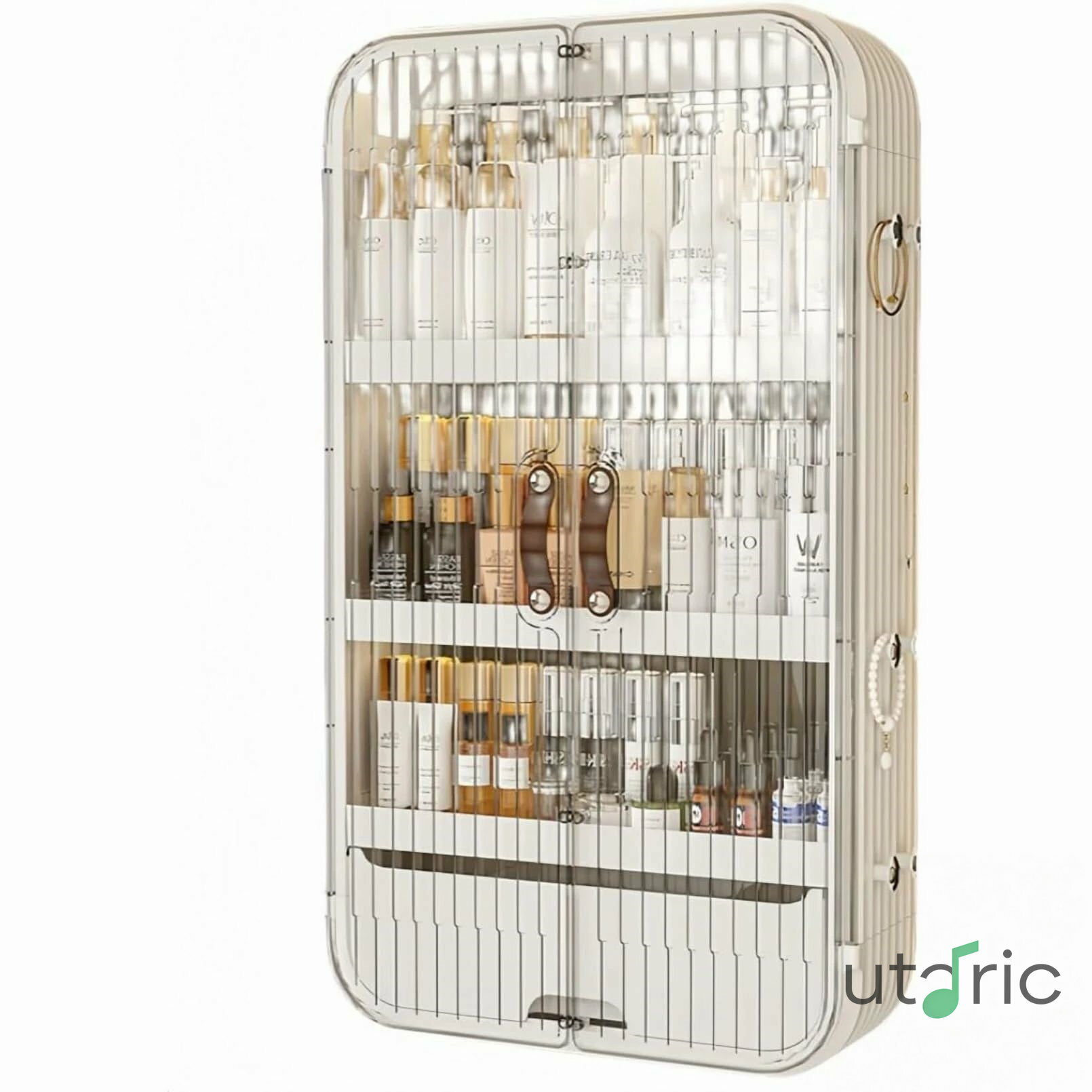 Rakuten - 壁掛け化粧品オーガナイザー、壁掛け化粧品収納棚バスルーム防塵防水スキンケア製品収納キャビネットドア付きハイエンド収納ボックス簡単に使い (ホワイト 三・-43*13.5*53cm)
