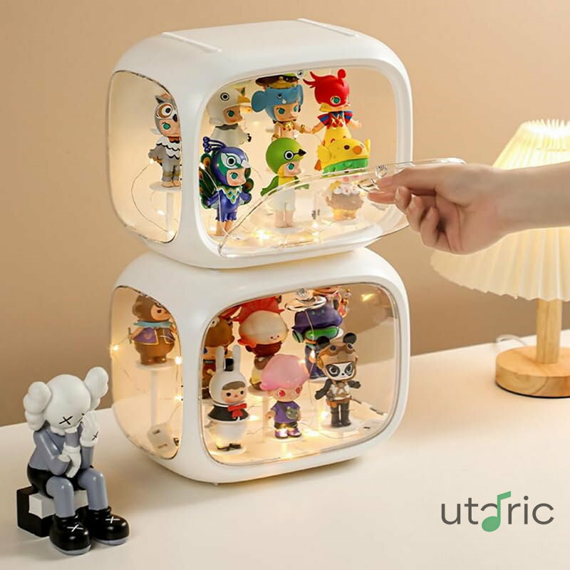 フィギュアケース コレクションケース ディスプレイケース 収納ボックス 透明パネル 積み重ね可能 3つの高さのスタンド 照明付き 防塵 自由組み立て 飾り用 陳列ケース モデルショーケースキャビネット 人形ケース 24.5*16*19.3cm