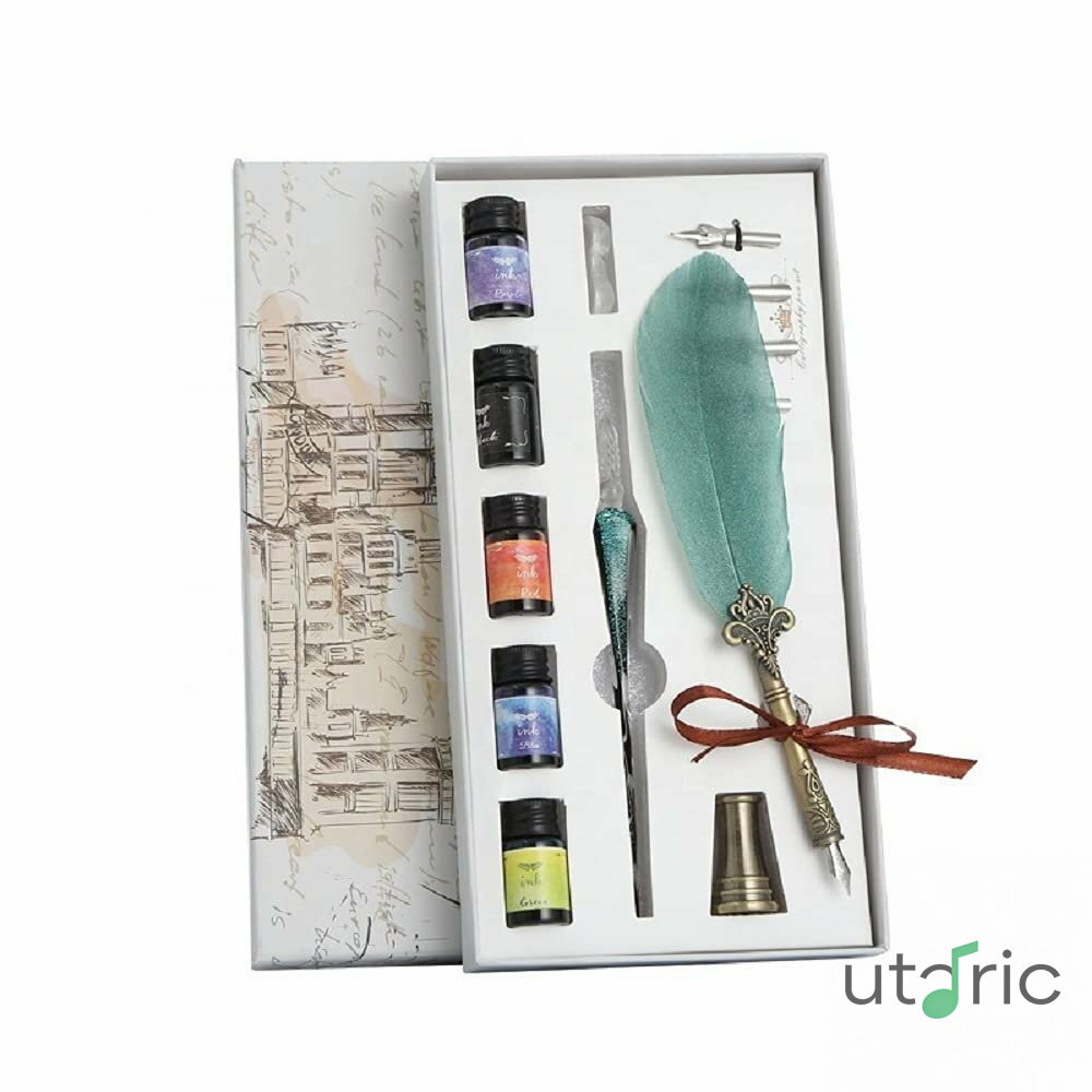 IFUDE がらすぺん ディップペン ガラスペンセット 万年筆 書道 古典的欧州西洋羽根ペン 署名ペン 誕生日ギフト 贈り物 ギフトボックス付き (グリーン)