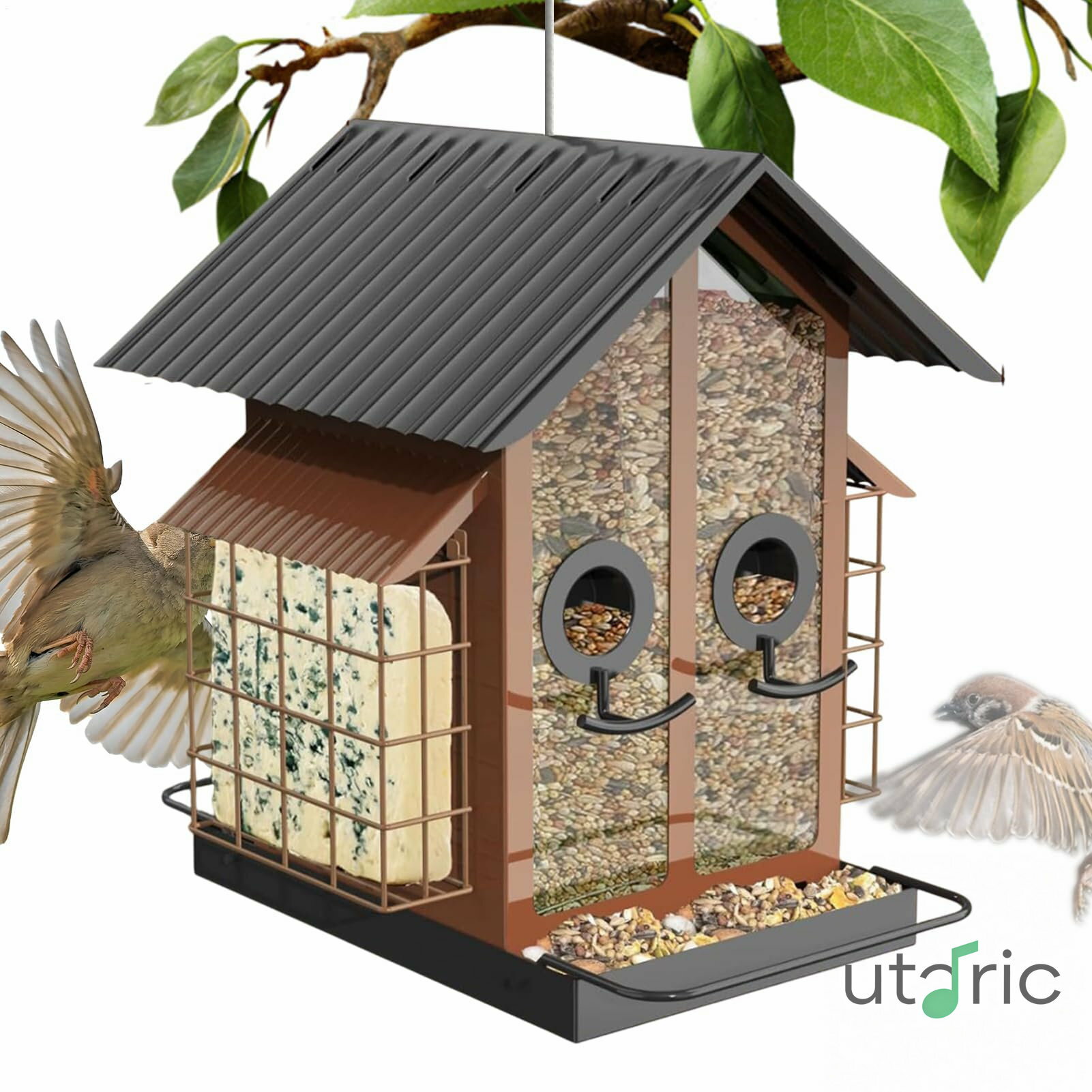 屋外リス対策 鳥の餌台 | 金属製透明 ダブル屋根付き 鳥の餌箱 | バルコニー デッキ ガーデン パティオ 自然愛好家向け バードウォッチング用品