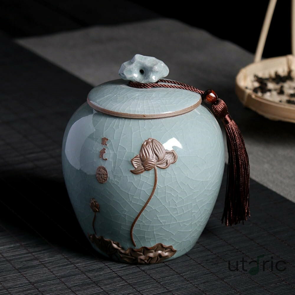 梅の花のレリーフが入った茶筒、陶器の密封筒、中サイズの茶箱 (d)