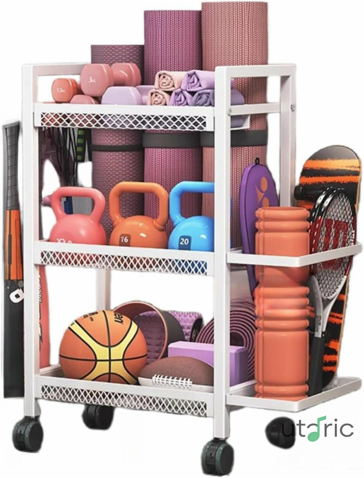 コンパクトジム収納ラック - ヨガマット/ダンベル/ケトルベル/レジスタンスバンド対応/バランスボール ..