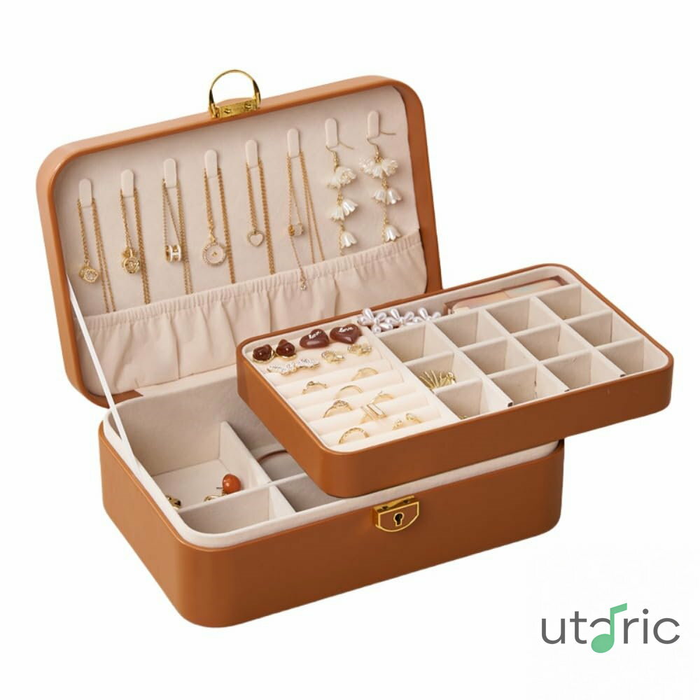 高級ジュエリー収納ボックス、ロック付き、二重層コンパートメント、ネックレスとリングのジュエリー収..