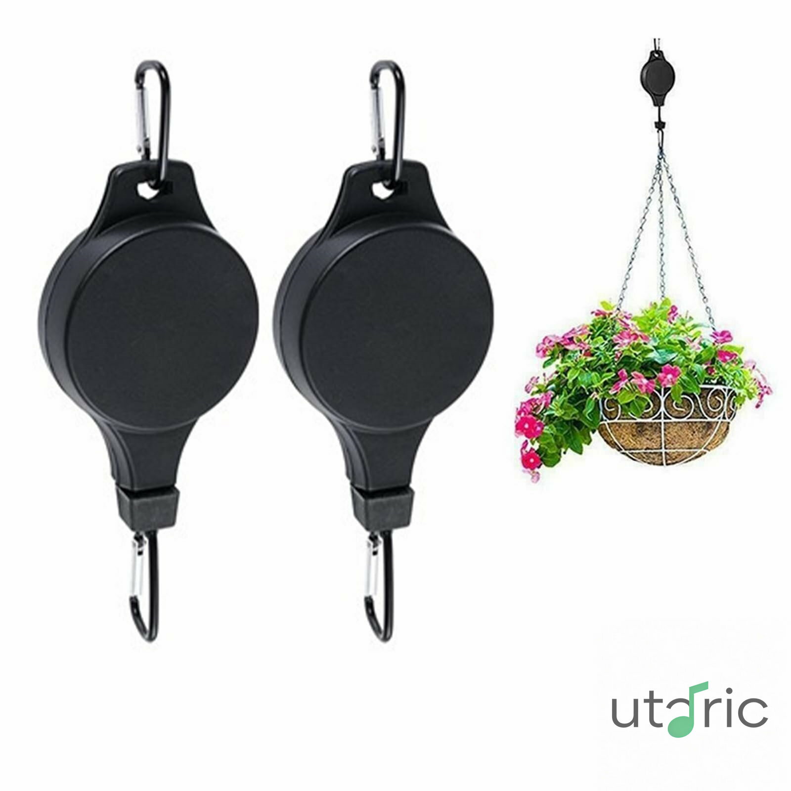 格納式プラントハンガー、植物を吊るすための植物プーリー、上げ下げが簡単、高耐久、自動ロック、ガーデンバスケットポット用の調節可能なフック、鳥の餌箱、2パック