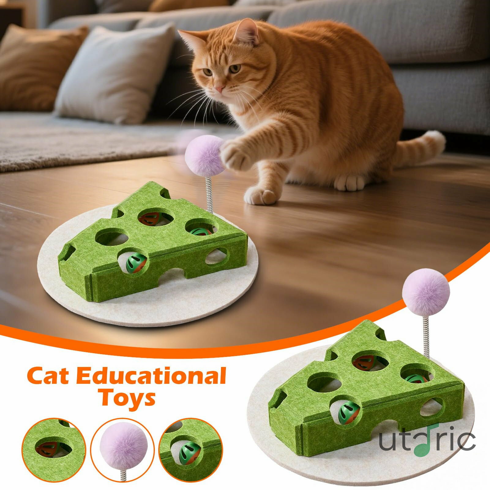 Rakuten - キャットパズルトイ チーズデザイン猫用インタラクティブフィーダー 付属品 猫じゃらし棒 鈴玉 餌箱 中型大型品種 猫 犬 屋内 屋外 家庭用 プレイグラウンド 遊び場