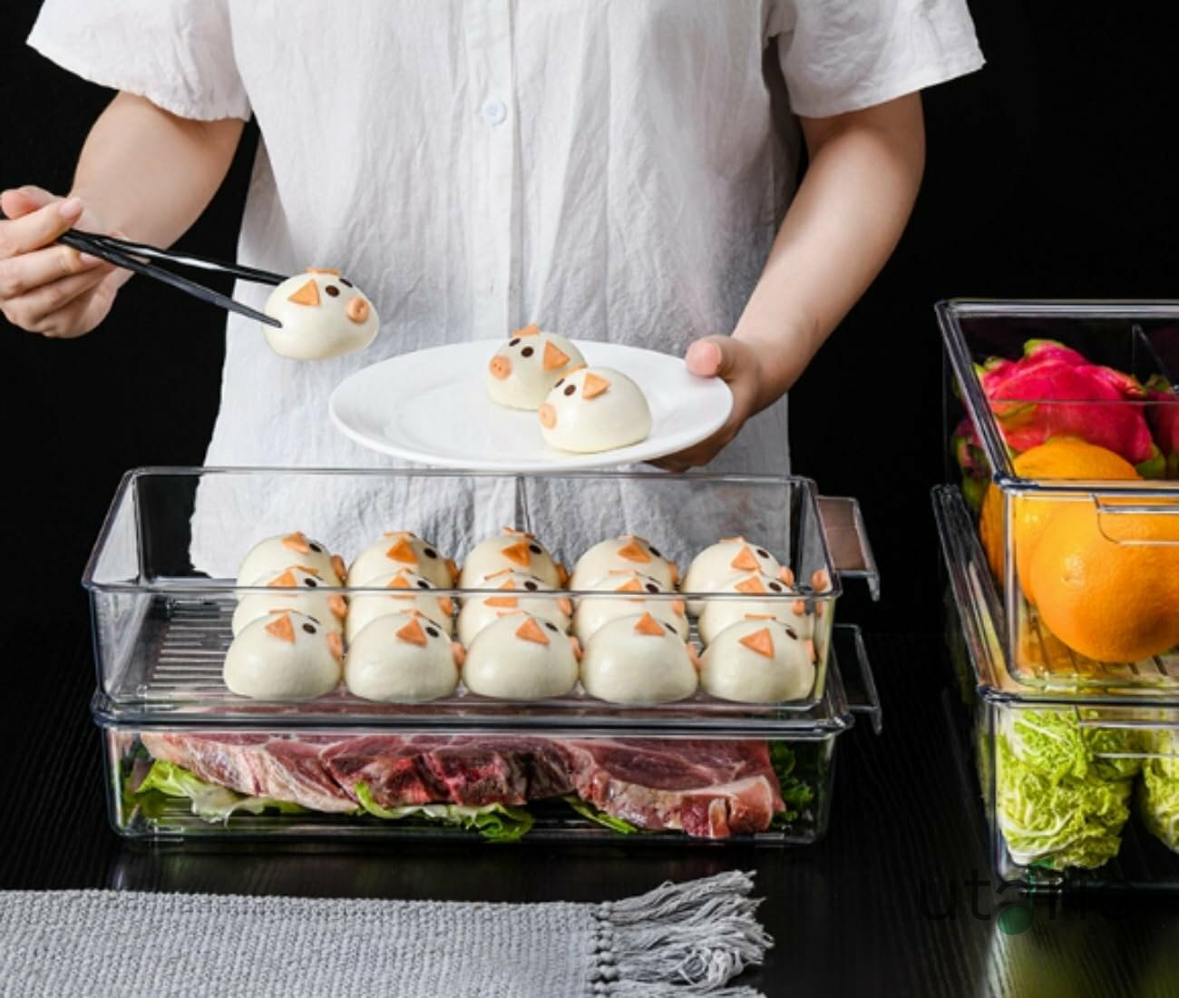 冷蔵庫中 冷蔵庫ケース 冷蔵庫トレー 冷蔵庫収納 キッチン 収納 野菜収納 食品収納 缶詰収納 小物収納 収納 キッチン整理 パントリー 透明 収納ボックス ストッカー キッチンストッカー 業務用 飲食店 耐久性 (シェイプ3 蓋付き)(3.0)