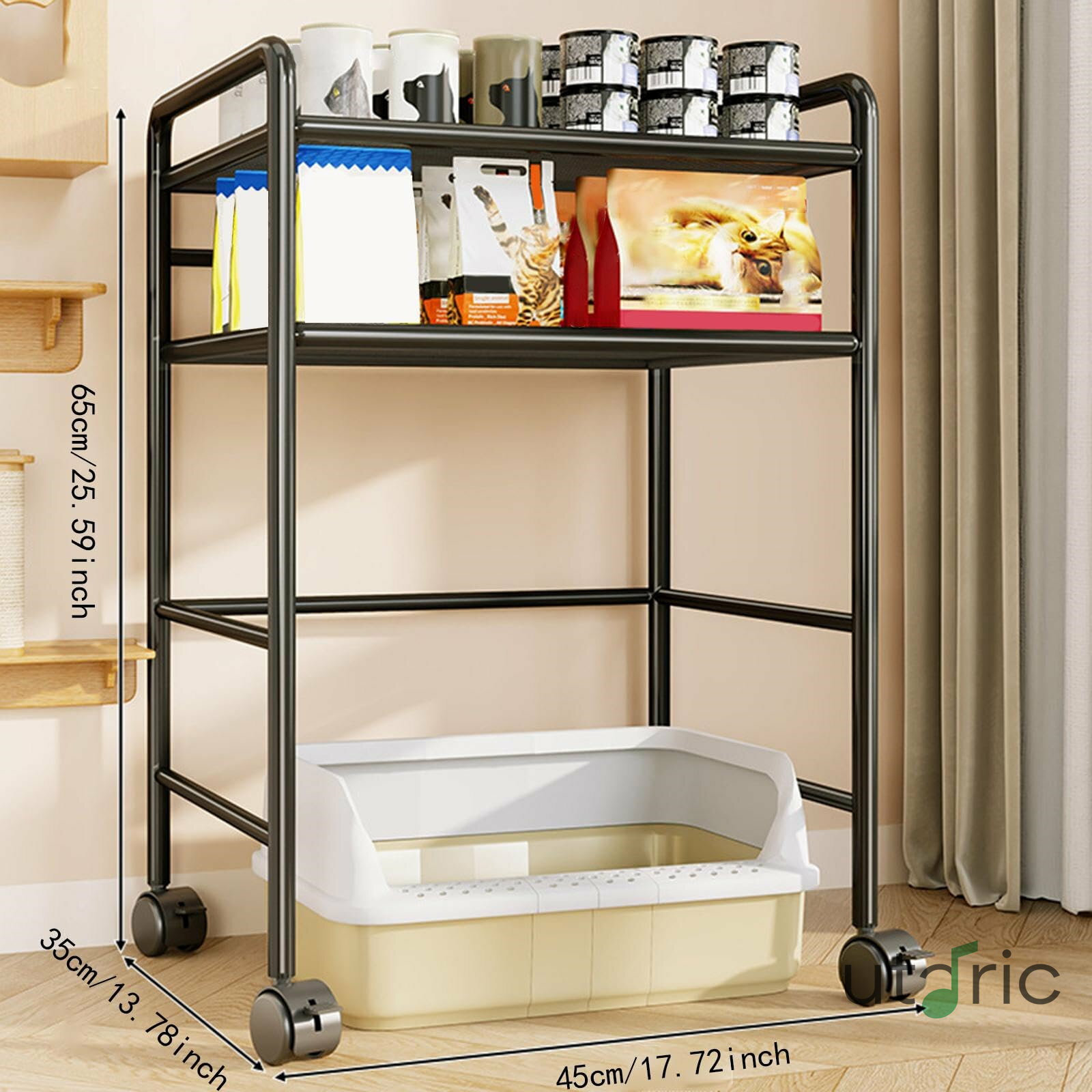 猫用フード缶収納カートオーガナイザーラック、トイレボックス上棚、多用途で頑丈な鉄製、4輪付き、ペット用品 小さい