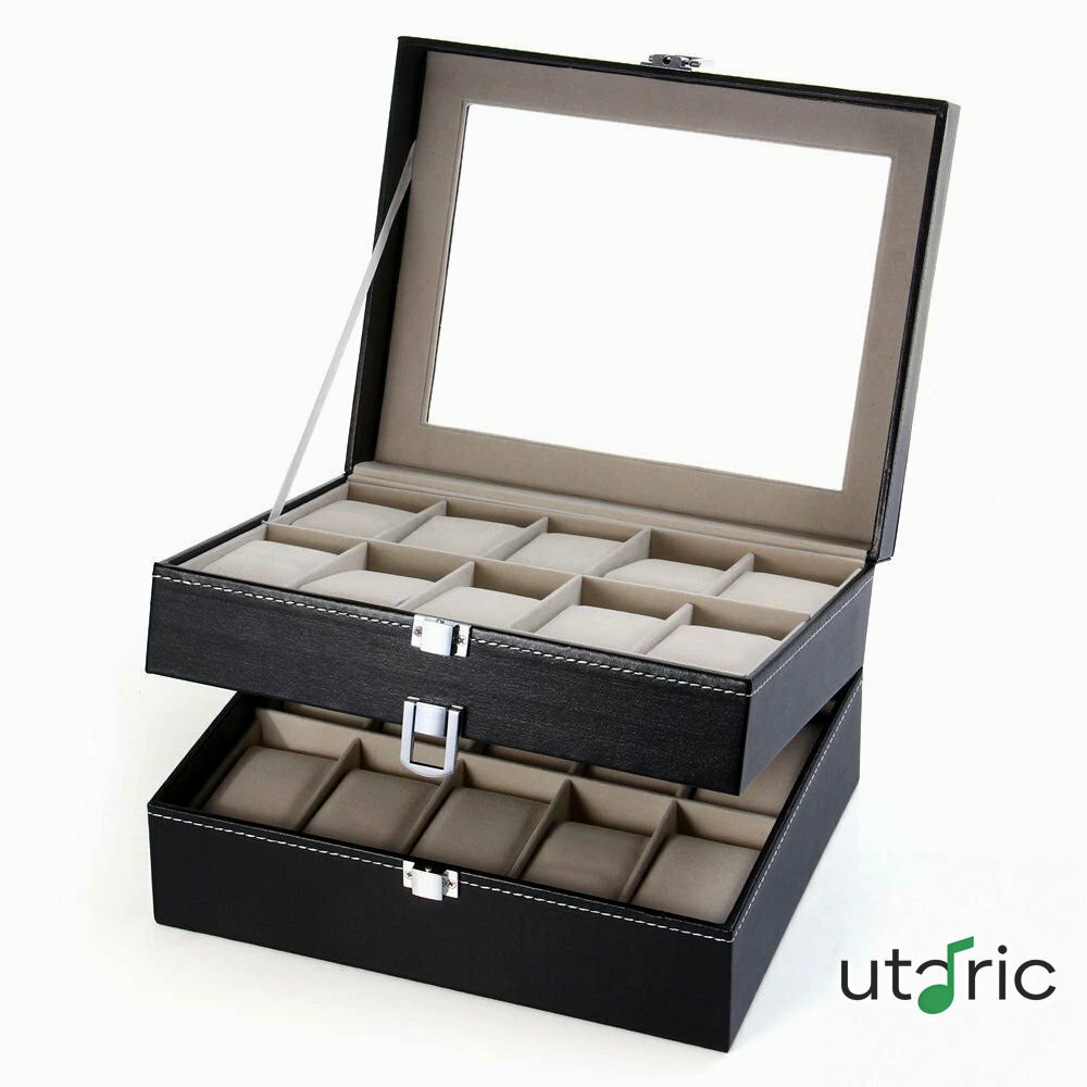 20グリッド時計表示ケースPUレザージュエリーストレージボックスオーガナイザー
