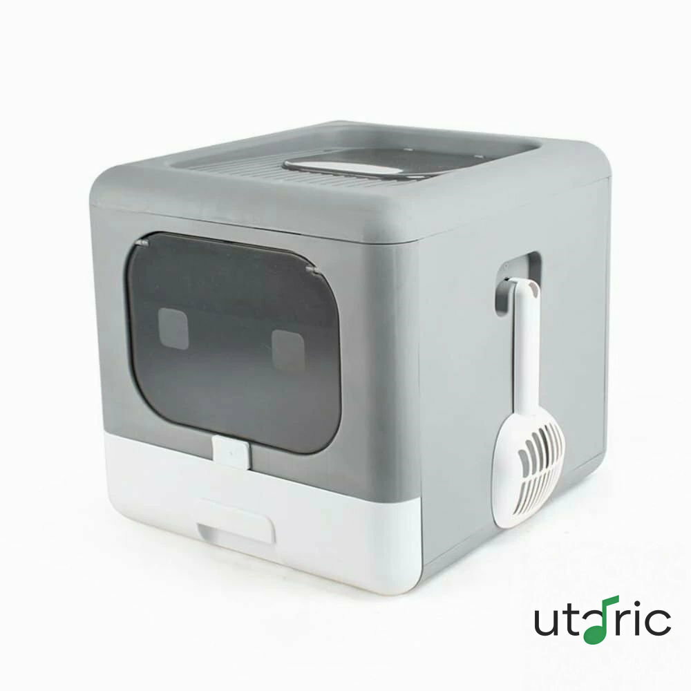 猫トイレ 全閉式引き出しタイプ 折りたたみ猫トイレ 消臭 飛沫防止 トップアウト 猫トイレ ペット用品 (グレー)