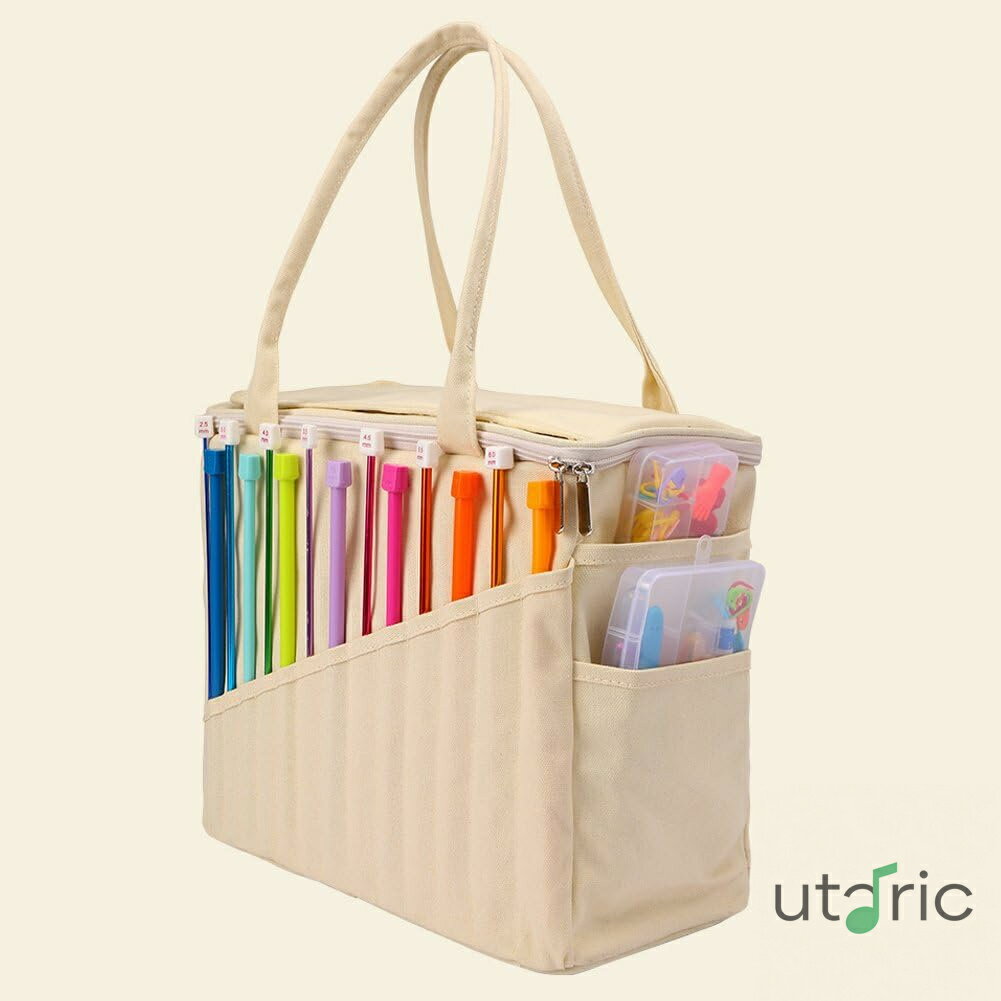 編み物収納バッグ ポータブル キャンバス かぎ針編み用 トートバッグ かぎ針 編み針 編み物 かぎ針編み用 毛糸オーガナイザー 毛糸収納用 青のサムネイル