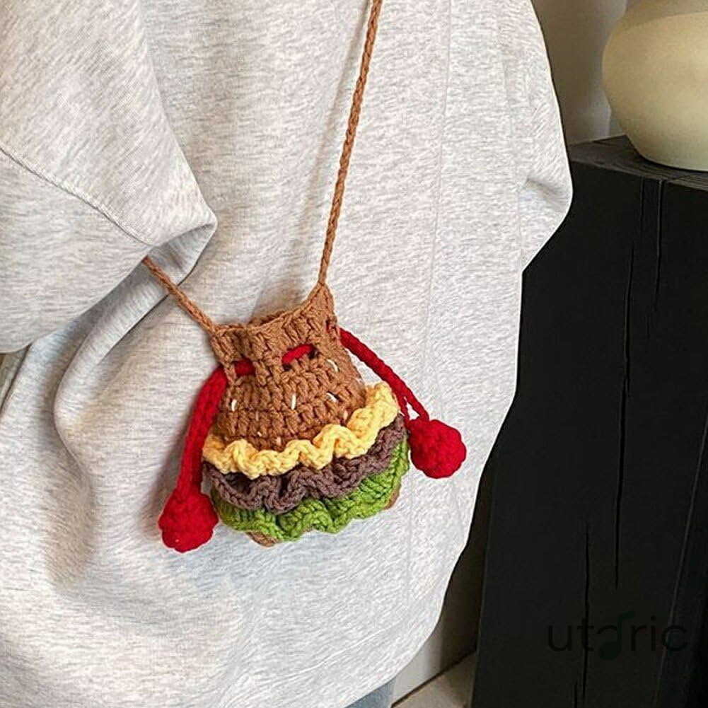 ハンバーガーの形 クロスボディバッグ ショルダーバッグ 手作り 織物 編み物 ニット財布 ミニ 巾着バッグ ニット ハンドバッグ 携帯電話バッグ 女の子 女性