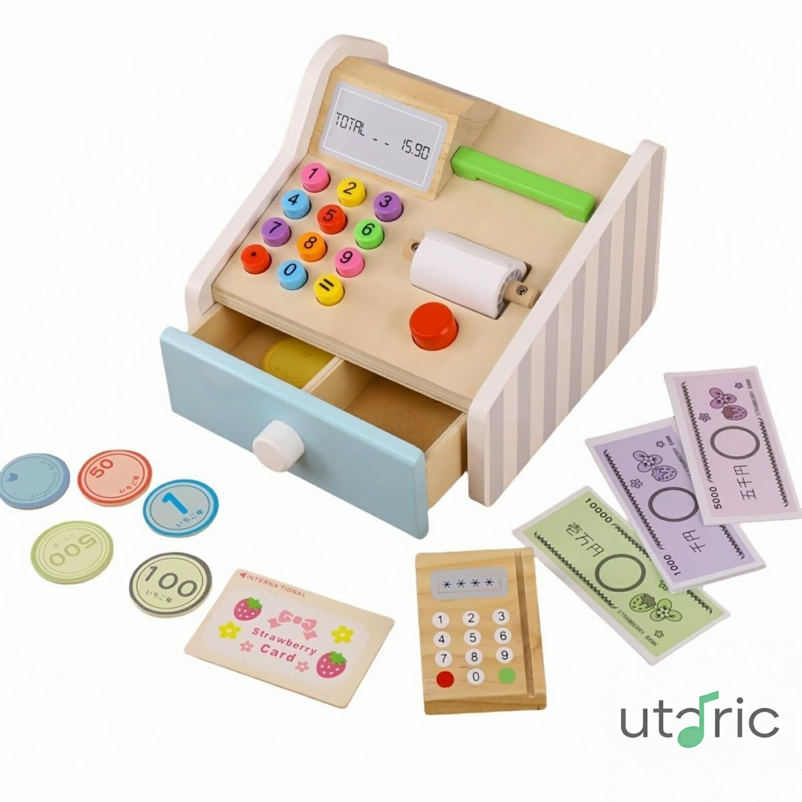 レジおもちゃ おままごと 木の クレジットカード 紙幣とコイン付き 子供用 レジスター 計算機 お買い物ごっこ お店屋さんごっこ お買い物レジスター 男の子 女の子 学習 知育玩具 誕生日 クリスマス プレゼント ギフト