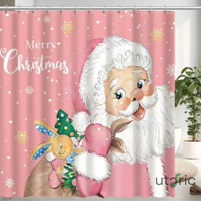 Rakuten - クリスマススノーマンシャワーカーテン4点セット ピンクのサンタクロース クリスマスシャワーカーテンセット 滑り止めラグ、トイレシートカバー、バスマット、フック12個(ピンク)