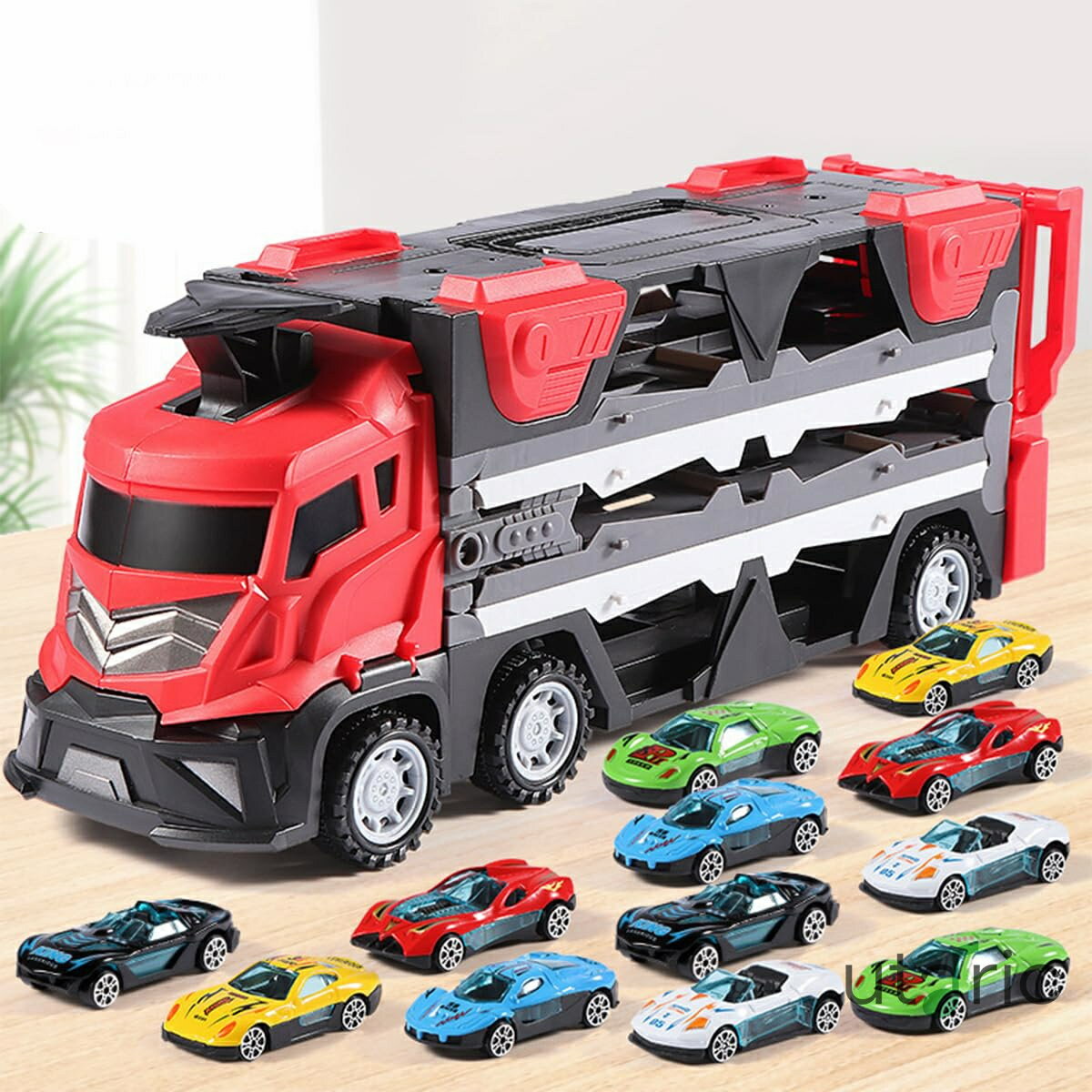 トラック おもちゃ 効果音 建設車両セット 趣味 ミニカー 収納車セット カタパルト式 レール 室内遊び 男の子 女の子 贈り物 誕生日 クリスマス プレゼント (レッド)