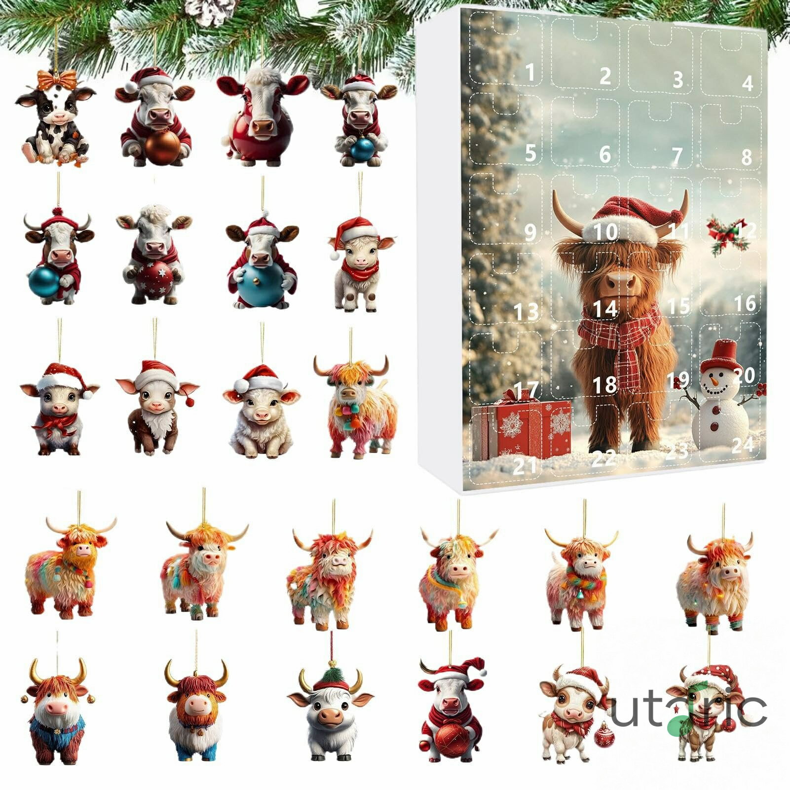 乐天商城 - ハイランド牛オーナメントカウントダウン ハイランド牛クリスマス2Dペンダントカウントダウン 24日間パーティー用品 自宅暖炉寝室リビングルーム車リュック窓