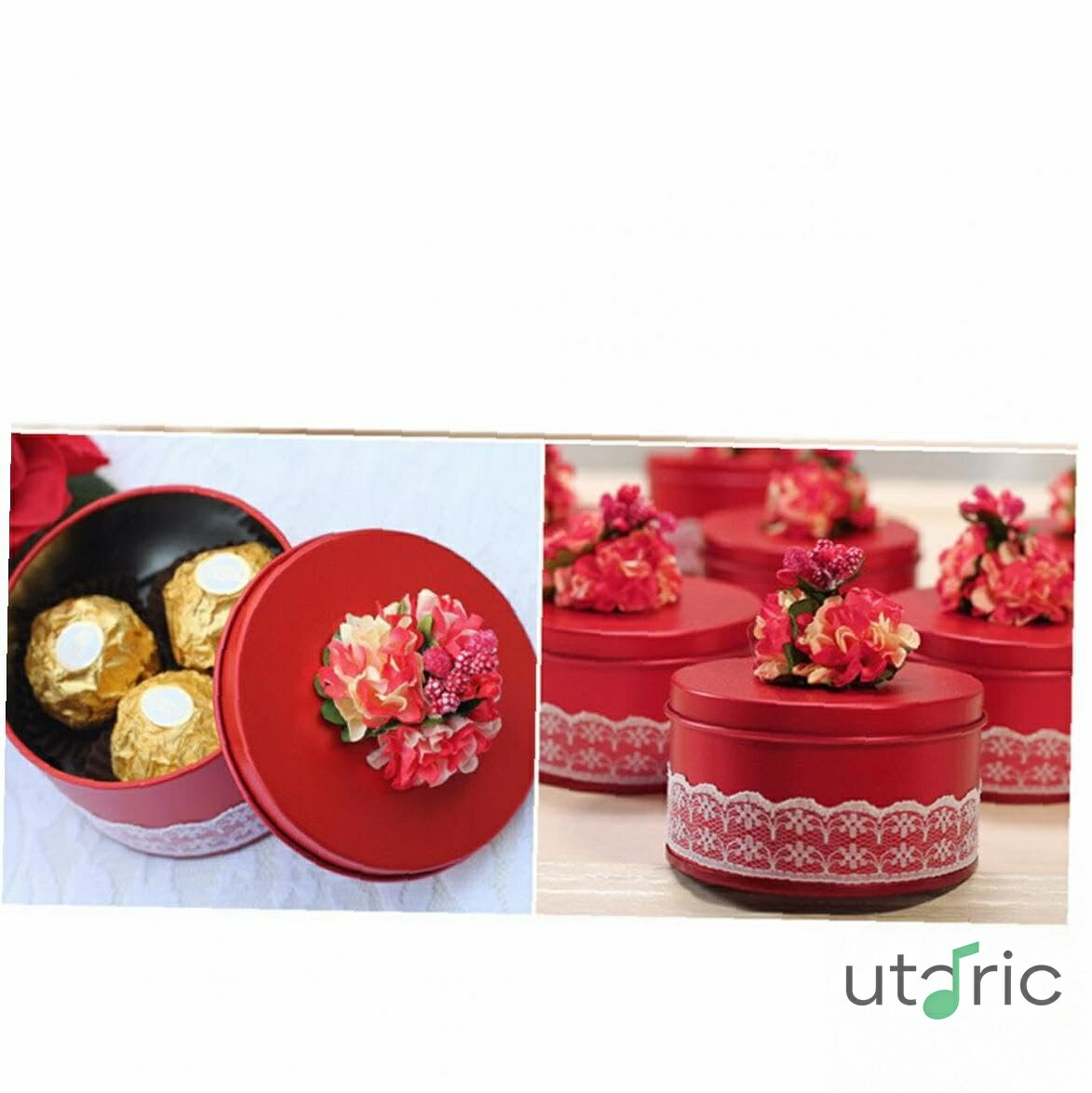 ギフト用の箱 丸い ブリキ ウェディング キャンディボックス ギフトボックス フラワー リボン レース ウェディング クリスマス パーティーの装飾