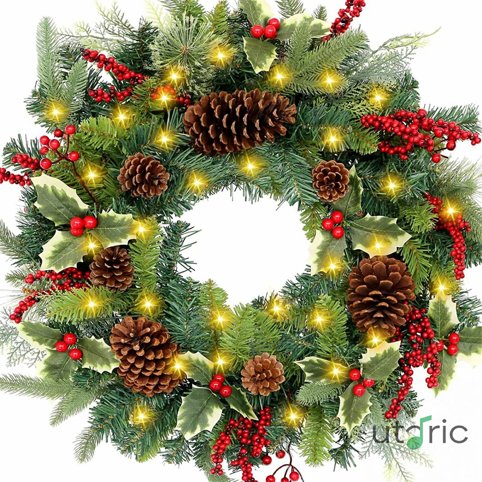 クリスマスリース クリスマス飾り 赤い果実の松の実のリース 模擬緑の葉のリース