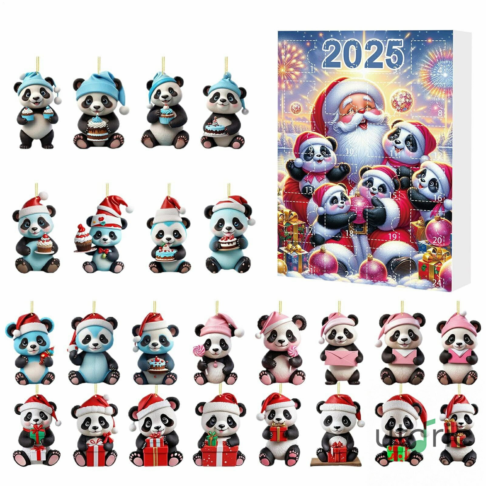 クリスマスカウントダウン | 2Dパンダおもちゃアドベントカレンダー 祝祭日の伝統的な冬の装飾品 24個のペンダント ストッキング詰め物 ドアハンドル装飾