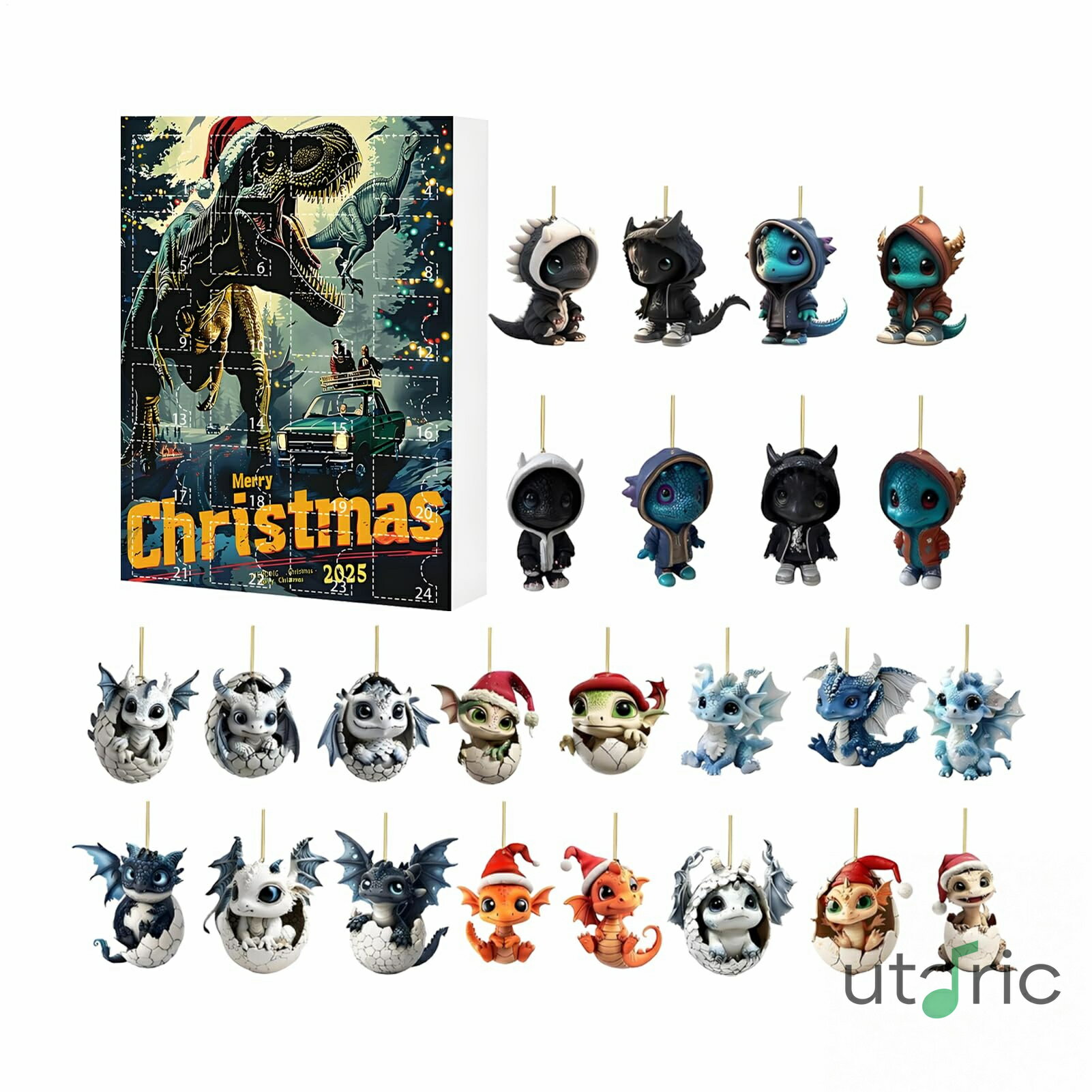 クリスマスカウントダウンカレンダー | アクリルフラットドラゴンカレンダー - アクリル製の祝祭デコレーションと玩具フィギュア付きで机や壁、ツリー、オフィス、家族、ティーン、幼児、男の子、女の子、子供、大人、男性に最適