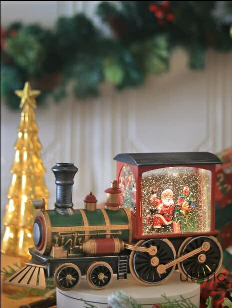 ライト付きヴィンテージレッドトラック装飾 ミュージカルクリスマススノードーム 渦巻くグリッター付き..