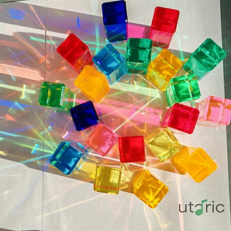 ビルディングブロック 虹の積み木セット、虹のアクリル宝石キューブ、知育玩具 色彩教育 収納ケース付き、見た目は滑らかで透明、 無垢材 誕生日、クリスマスの理想的なプレゼント 子供のおもちゃ 男の子 女の子 (D)