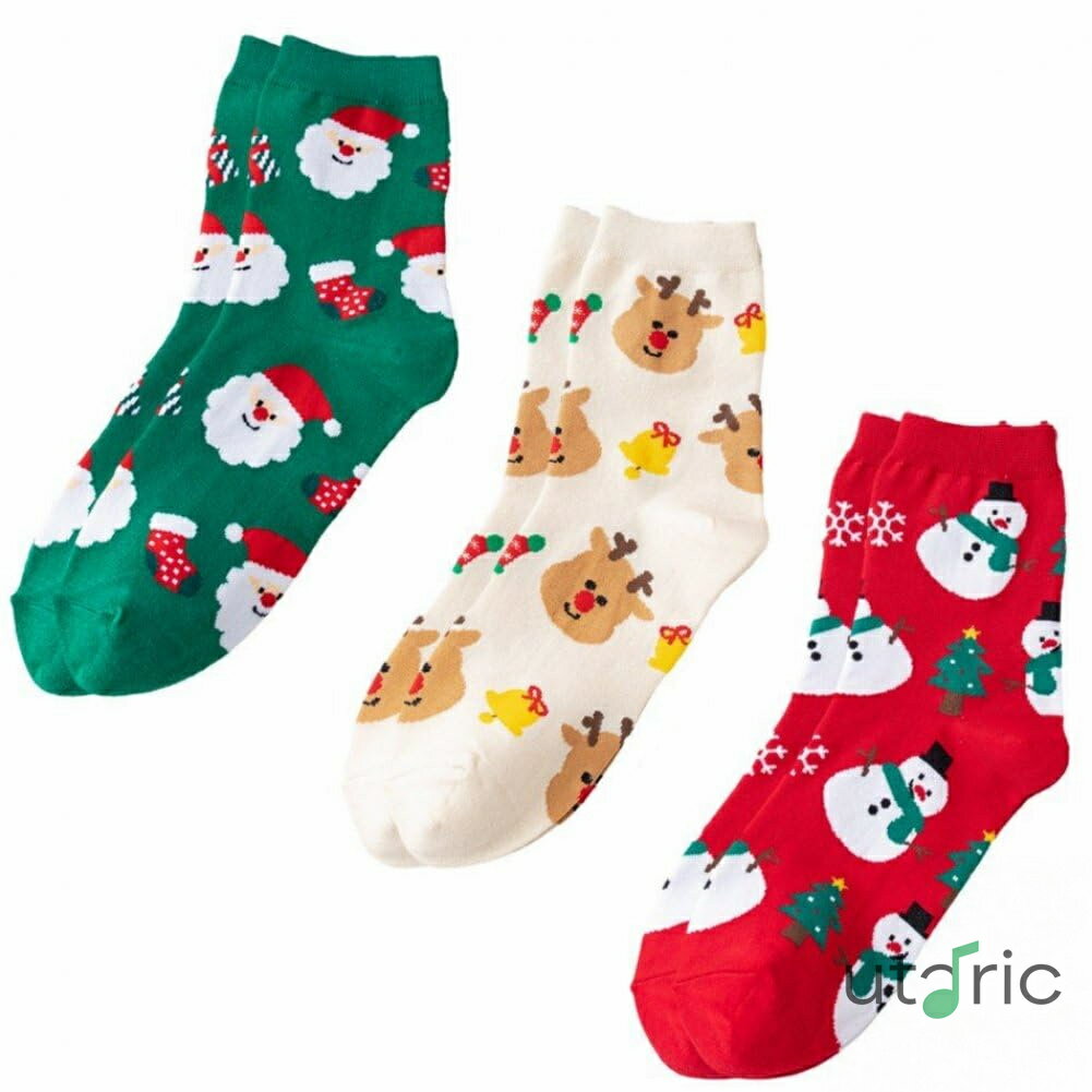 Rakuten - クリスマス 靴下 3足セット レディース 暖かい サンタ柄 雪だるま 可愛い ソックス 通気性 柔らかい One Size
