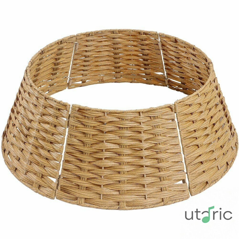 クリスマスツリー首輪 丸型 ツリースカート クリスマスツリーバスケット クリスマスツリースカート 模造ラタン 織り 再利用可能 6パネル 自宅 リビングルーム クリスマスツリー ディスプレイ用 黄色