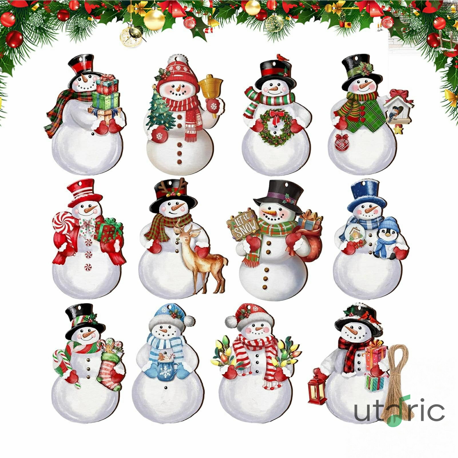 雪だるまツリーオーナメント 12点 冬用吊り下げ雪だるまセット | 木製オーナメント クリスマスツリー 壁窓飾り