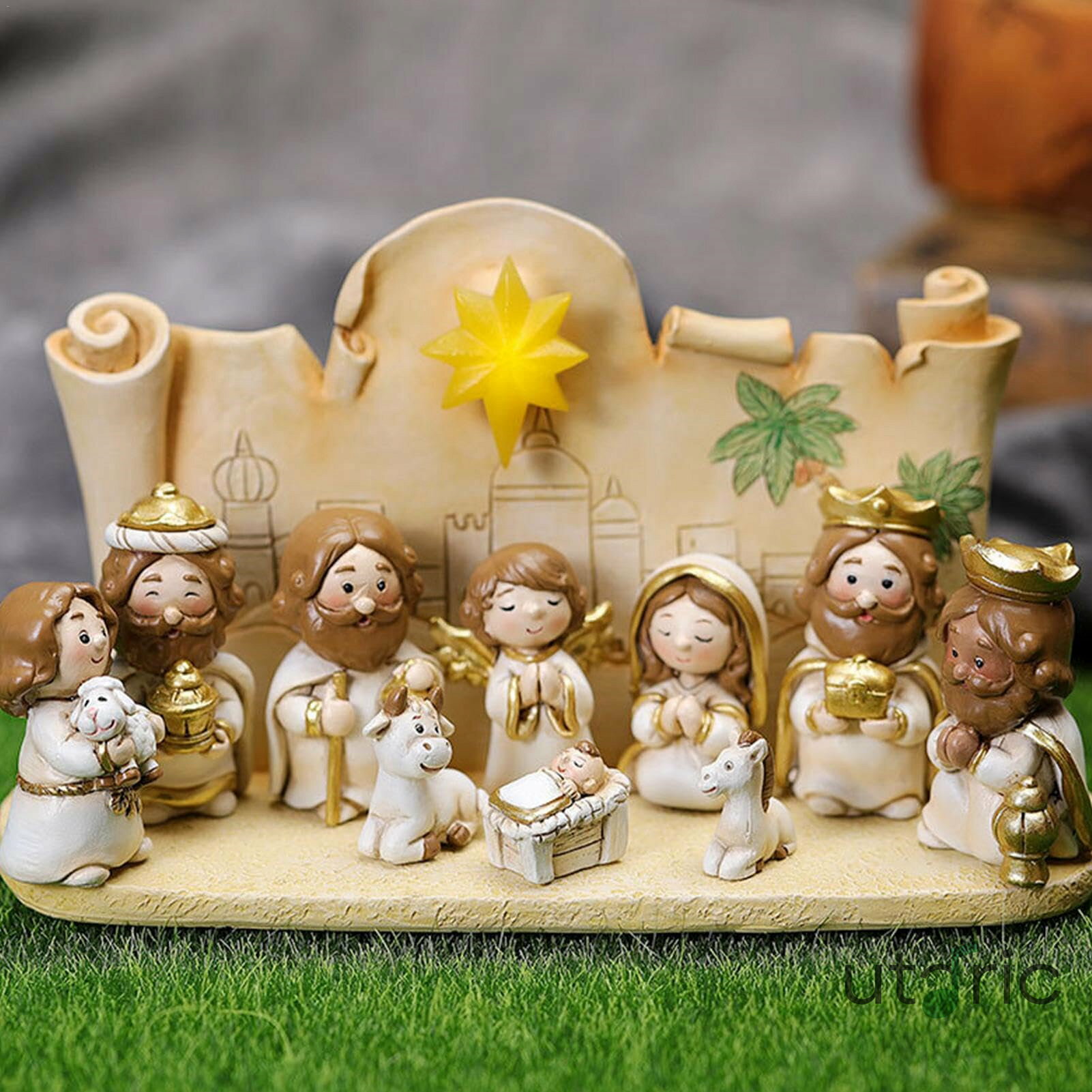 クリスマス飼い葉桶キリスト降誕の置物 | ライト付きホリデー ミニ イエス誕生飼い葉桶フィギュア 11 個 クリスマスキリスト降誕テーブルピース 10 個の並べ替え可能な置物付き