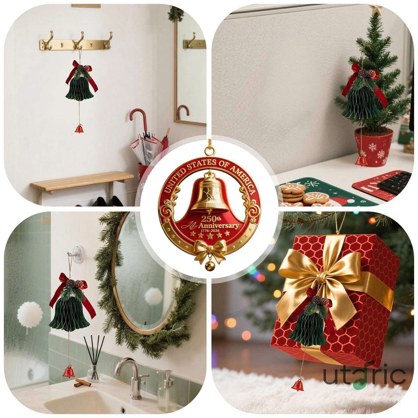 クリスマスベル | エレガントな金属製ベル置物 記念装飾ペンダントとお土産 家庭・キッチン・壁・窓・ホリデー・アウトドア・庭園・パティオ・ディスプレイ用 3