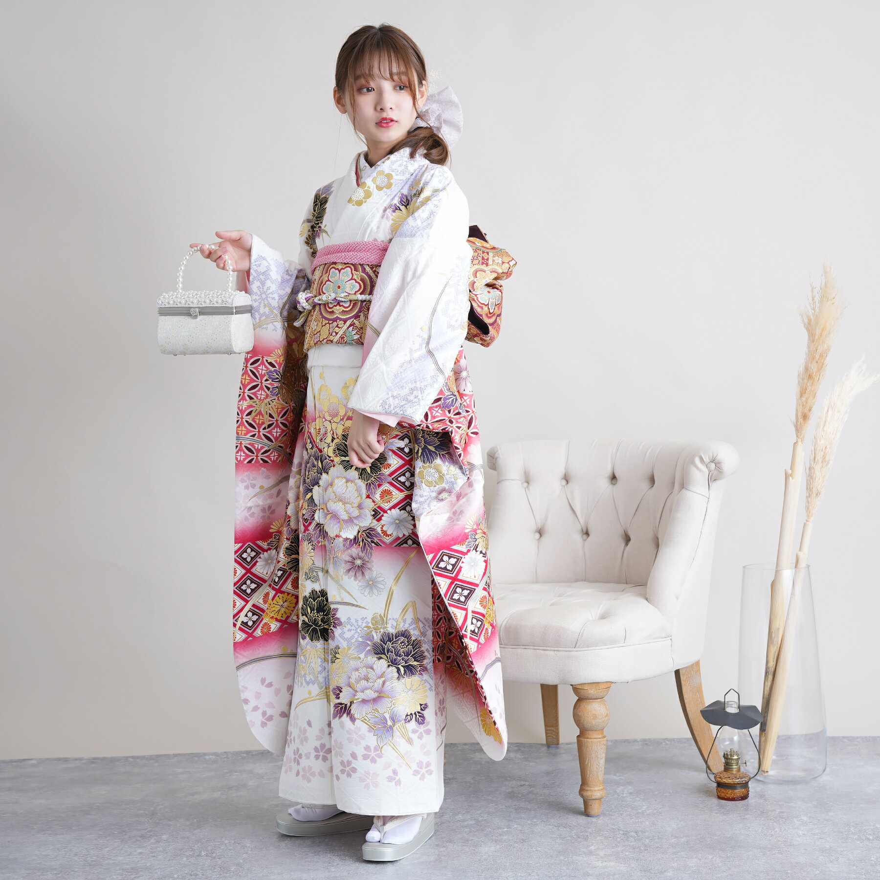 【レンタル】【振袖 正絹着物+正絹袋帯 21点セット 絵羽 