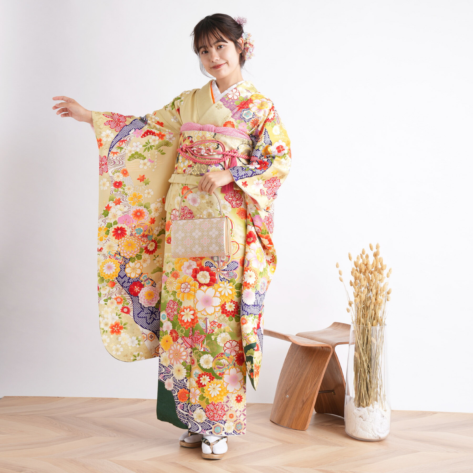 【レンタル】【振袖 正絹着物+正絹袋帯 21点セット 絵羽 黄色とグリーンの古典柄】着物セット 女性 成人式 結婚式 前撮り 20歳 20才 二十歳 二十才 はたち 正装 和装 フォーマル 晴れ着 記念撮影 足袋プレゼント 往復送料無料