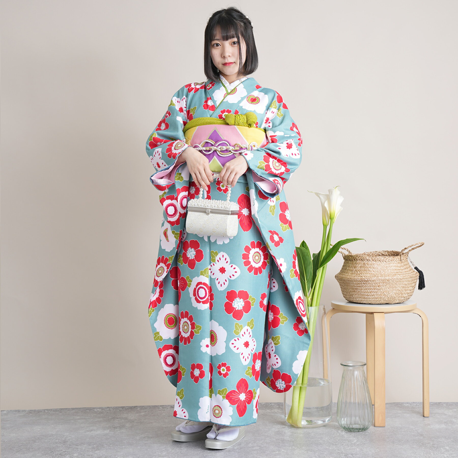 【レンタル】【ひよこ商店 振袖 着物 21点セット ミントに赤と白の花】着物セット 女性 成人式 結婚式 前撮り20歳 20才 二十歳 二十才 はたち 正装 和装 フォーマル 晴れ着 記念撮影 足袋プレゼント 往復送料無料